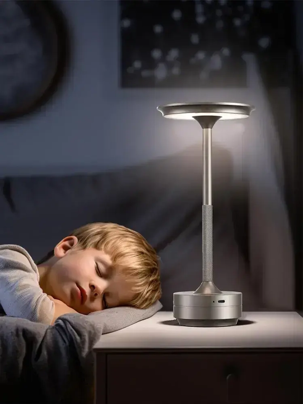 MONOBIN Лампа настольная ночник беспроводная сенсорная, Трехцветное затемнениедля ресторана, отеля, бара, кафе и спальниСеребро.