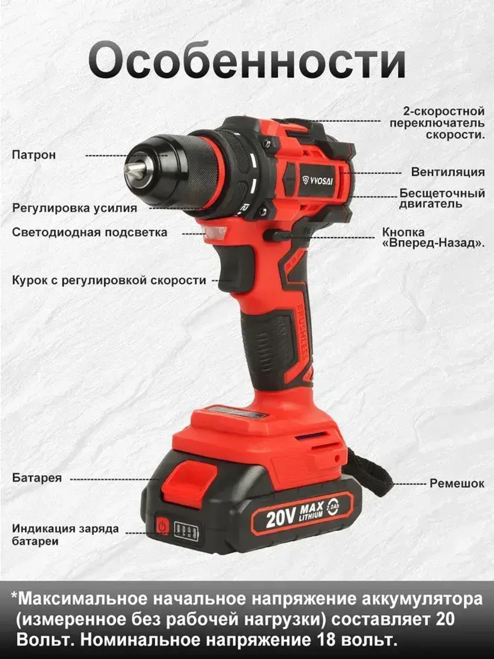 Дрель-шуруповерт аккумуляторная VVOSAI WS-9020-C2-SXP, 20В 50Нм, 2xLi-ion, ЗУ