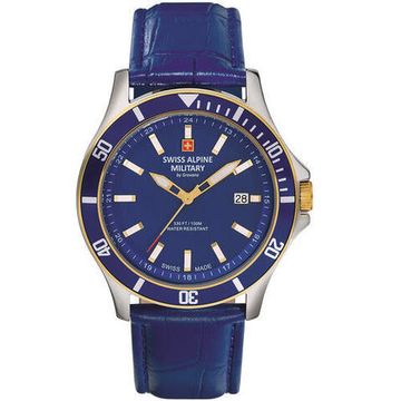 С ремешком Мужские наручные часы с синим кожаным ремешком  Swiss Alpine Military 7022.1545 mens 42mm 10ATM