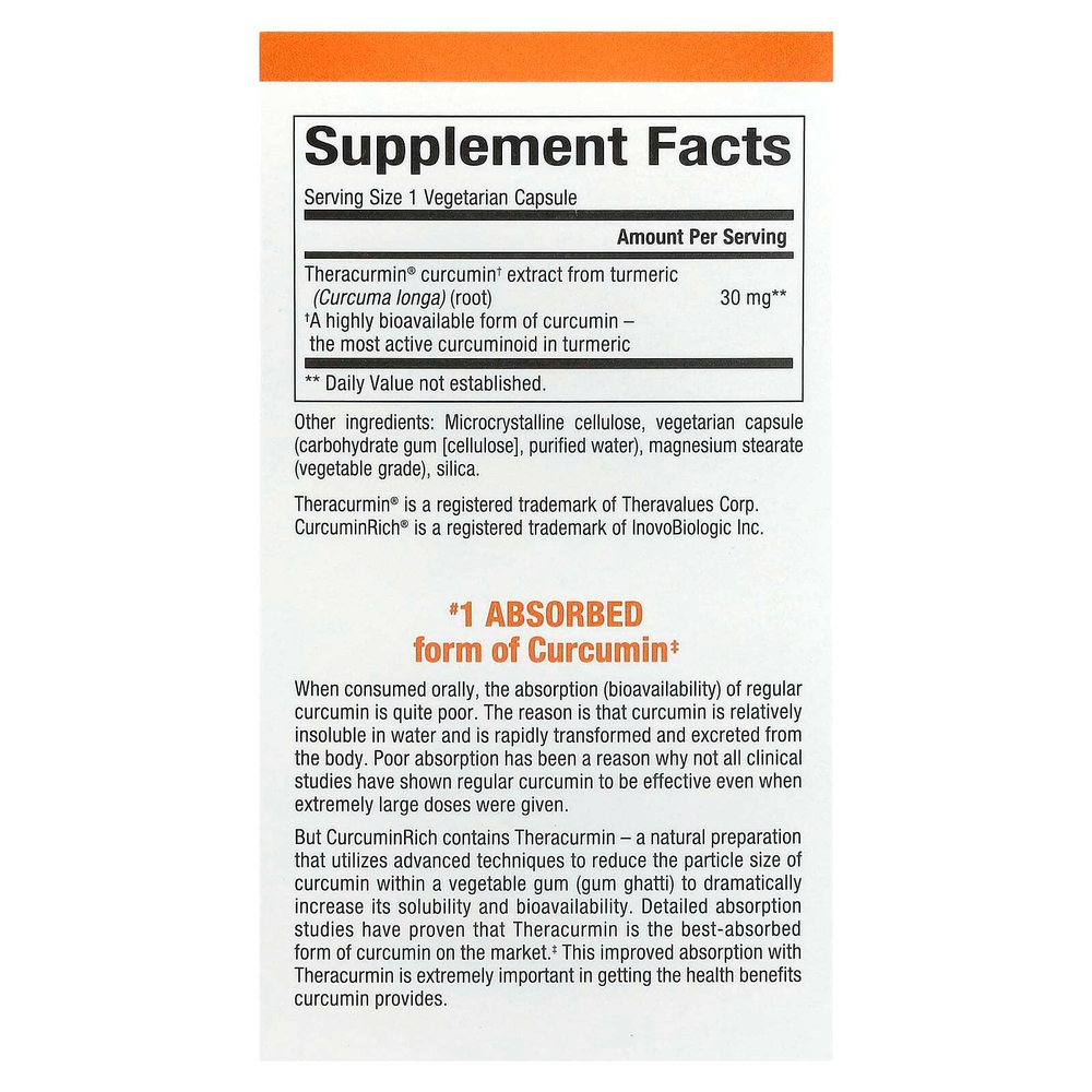 Natural Factors, CurcuminRich, Theracurmin, куркумин, 30 мг, 30 вегетарианских капсул