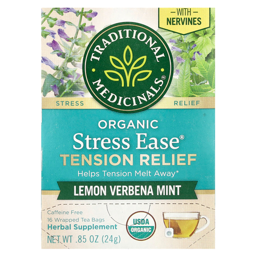 Traditional Medicinals, Organic Stress Ease®, средство для снятия напряжения, лимонная вербена и мята, без кофеина, 16 чайных пакетиков в упаковке, 24 г (0,85 унции)