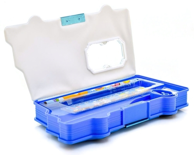 Пенал пластиковый "Автобус" с наполнением 22*12*4см (линейка, ластик, карандаш, точилка), 4вида микс