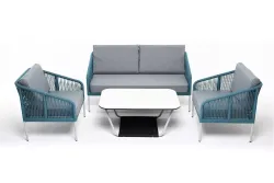 "Канны" лаунж-зона 4-местная из роупа со столом "Гранада" (молочный), каркас алюминиевый светло-серый, роуп бирюзовый