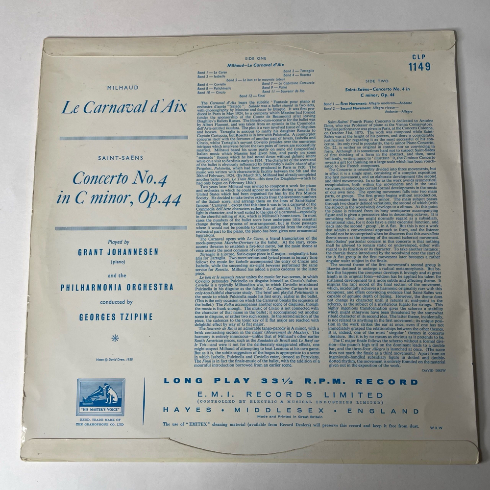 Винтажная виниловая пластинка LP Saint Saens, Milhaud, Grant Johannesen , Piano, With The Philharmonia Orchestra, Georges Tzipine, Concerto No 4 In C Minor (Англия 1958)