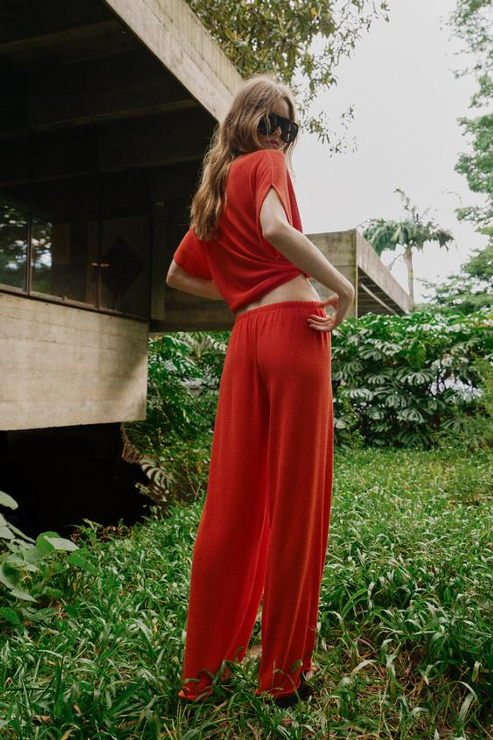 ZARA БРЮКИ WIDE LEG ИЗ ТКАНИ В ДЕРЕВЕНСКОМ СТИЛЕ, КРАСНЫЙ