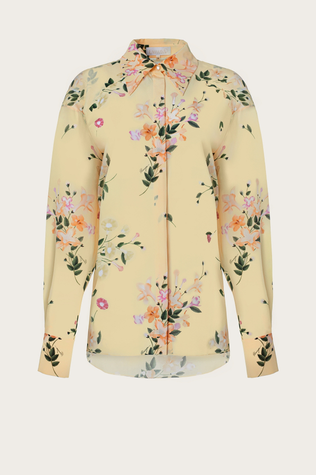 БЛУЗА ИЗ ЖЕЛТОГО ШЕЛКА С АВТОРСКИМ ПРИНТОМ