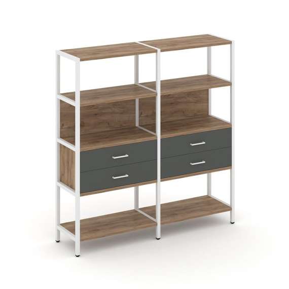 Shelf System Двухсекционный стеллаж четырехярусный с ящиками SN.STM-422 Дуб Табак/Антрацит/Металл Бе