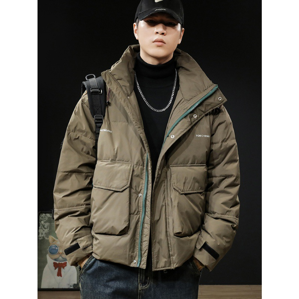 Пуховик мужской с накладными карманами, состав 90% белый утиный пух