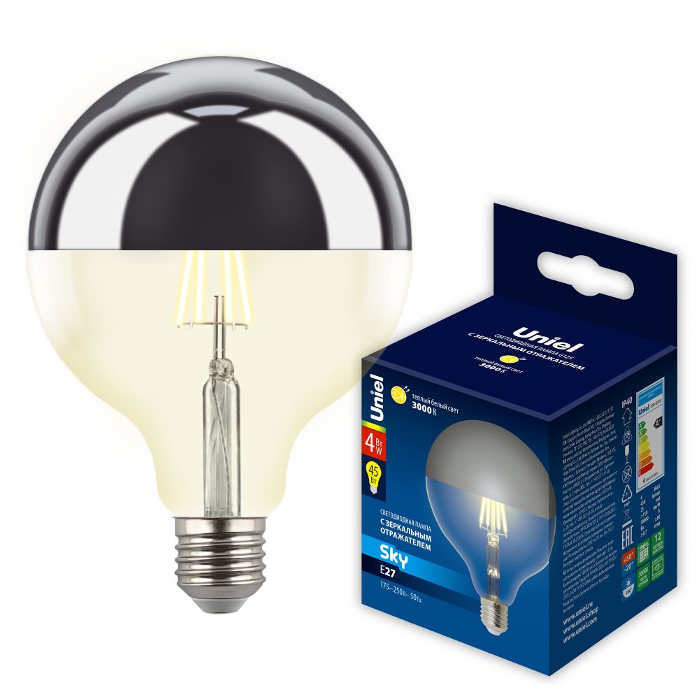 LED-G125-4W-3000K-E27-CL MIRROR-CHROME PLS02WH Лампа светодиодная. Форма шар. прозрачная колба с зеркальным отражателем. Серия Sky. Теплый белый свет 3000K. Картон. ТМ Uniel