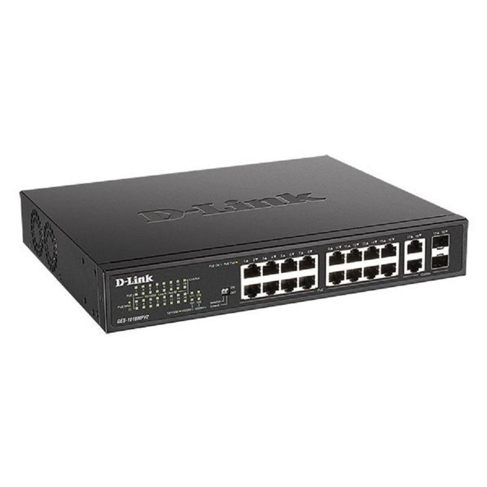 Коммутатор D-Link DES-1018MPV2 / A1A Неуправляемый коммутатор с 16 портами 10 / 100Base-TX и 2 комбо-портами 100 / 1000Base-T / SFP (16 портов PoE 802.3af / at, PoE-бюджет 247 Вт, дальность до 250 м)
