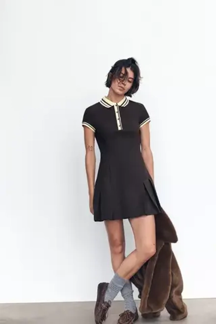 ZARA ПЛАТЬЕ С ЮБКОЙ В СКЛАДКУ И КОНТРАСТНЫМИ ДЕТАЛЯМИ В РУБЧИК, ТЕМНО-КОРИЧНЕВЫЙ