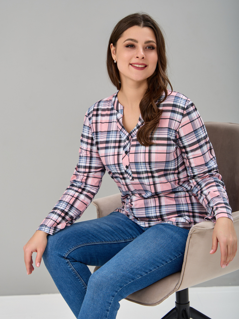 Блузка БЛ-22/клеткарозовый-индиго