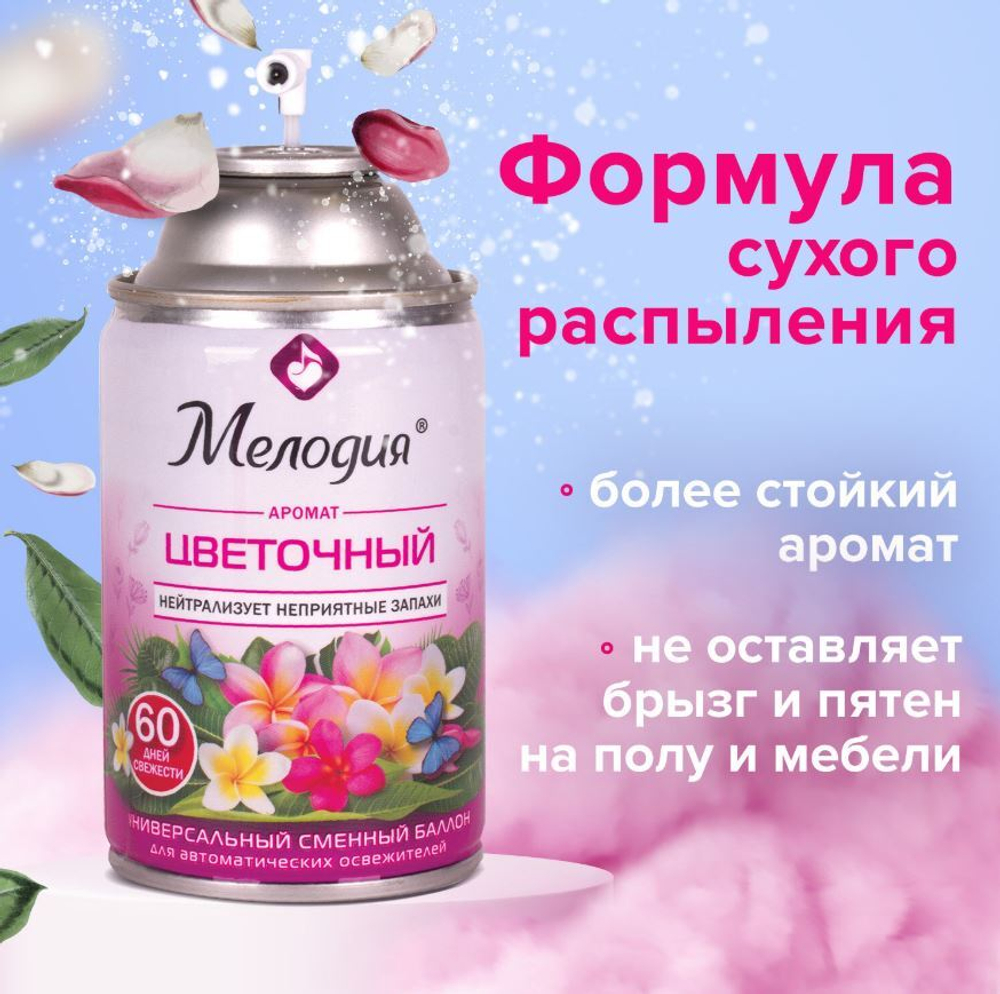 Сменный баллон 250 мл МЕЛОДИЯ "Цветочный", для автоматических освежителей, универсальный, (1/6) 605230