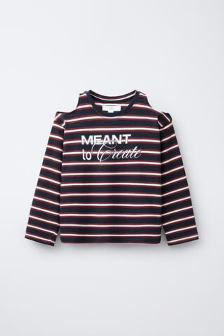 ZARA ФУТБОЛКА В ПОЛОСКУ С ВЫРЕЗАМИ, БОРДОВЫЙ