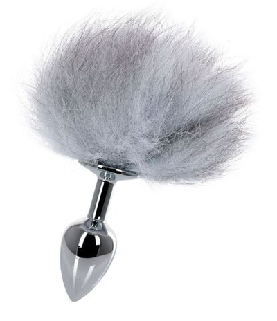 Серебристая анальная втулка с серым заячьим хвостом (Цвет: серый)