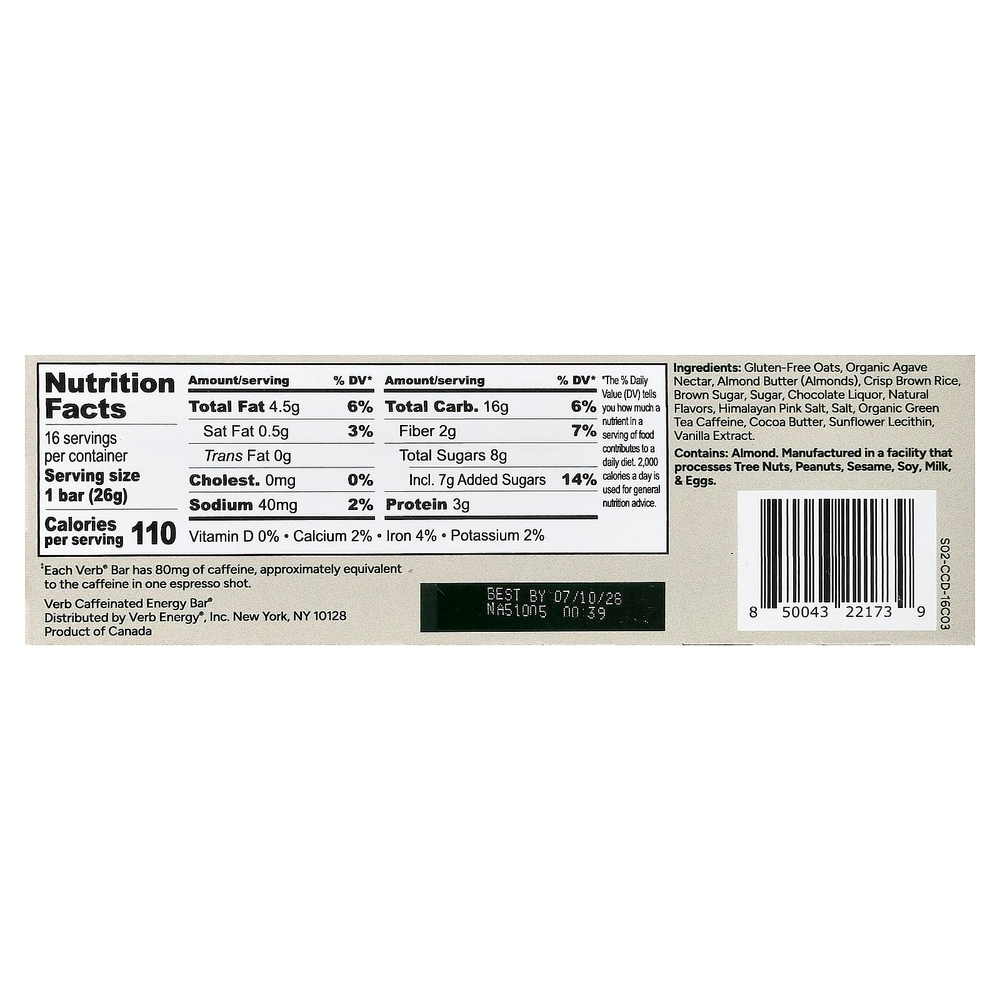 Verb Energy, Caffeinated Energy Bar, Chocolate Chip Cookie Dough, 16 Bars, 0.92 oz (26 g) Each