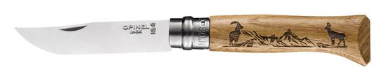 Складной нож Opinel №8, нержавеющая сталь, рукоять дуб, гравировка серна, 002336 c клинком из стали Sandvik™ 12С27