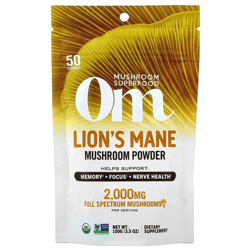 Om Mushrooms, ежовик гребенчатый, 100% сертифицированный органический грибной порошок, 100 г (3,5 унции)