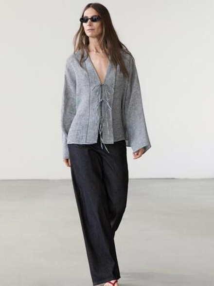 Massimo Dutti Блуза из смесового льна с завязками, серый
