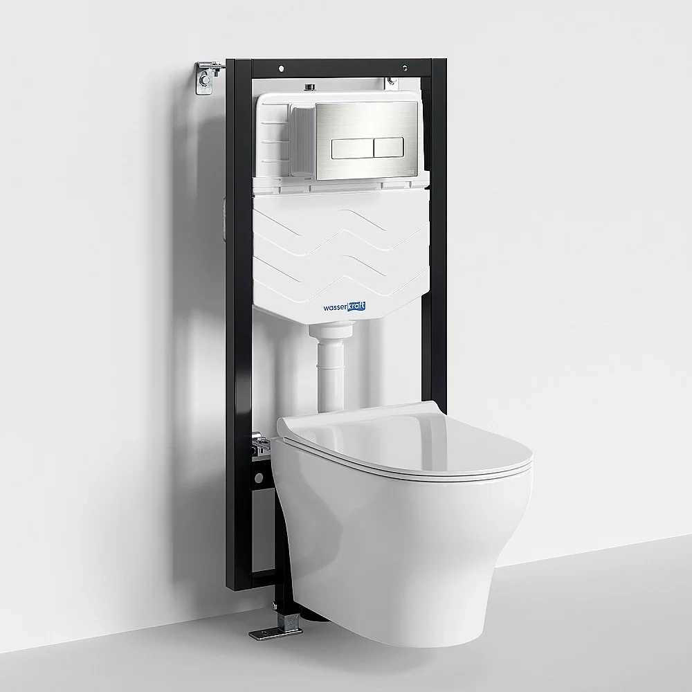 Унитаз подвесной WasserKRAFT Berkel 56TLT.010.ME.BN03.H001 безободковый, с инсталляцией Vils 56, с крышкой микролифт, белый/кнопка никель