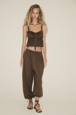 ZARA ТОП С ВОЛАНАМИ И БАНТОМ, КОРИЧНЕВЫЙ