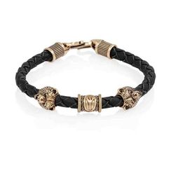 Браслет гайтан черный 5 мм с руной Альгиз и двумя шармами Медведь Бронза