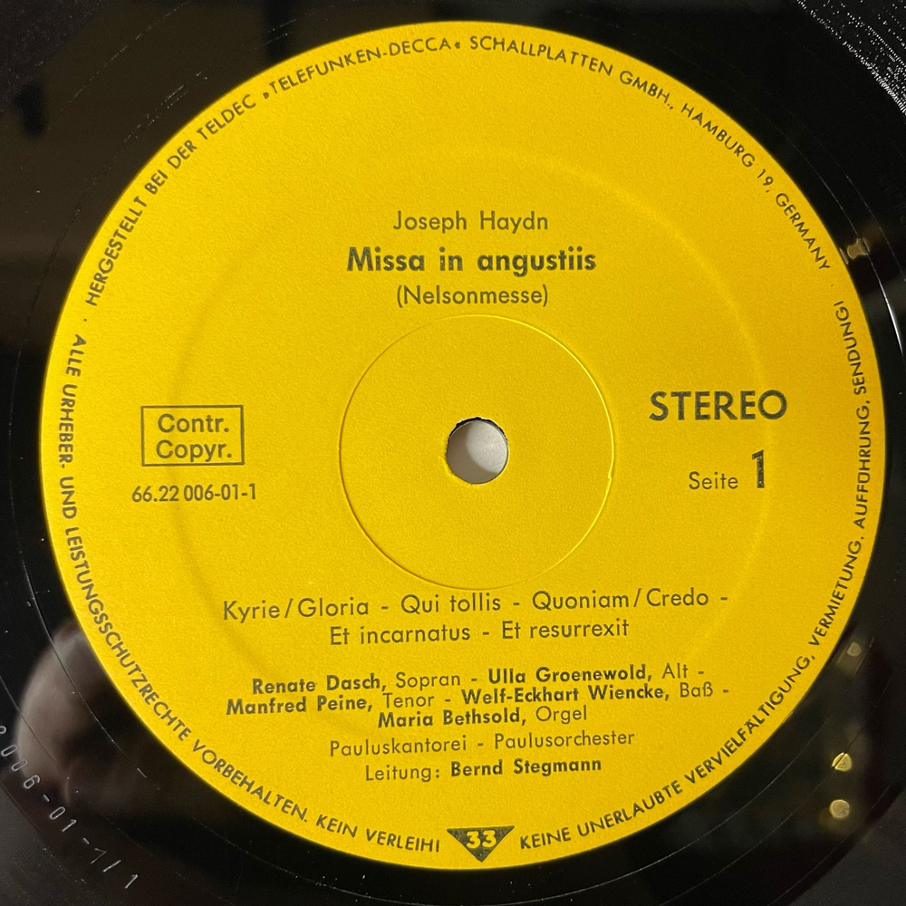 Винтажная виниловая пластинка LP Joseph Haydn Гайдн, Pauluskantorei, Paulusorchester Leitung Bernd Stegmann, Renate Dasch, Nelson Messe (Германия 1977)