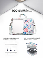 Сумка для ноутбука 15,6" и 17" с ремнем на плечо и большим карманом спереди (Цветочки на белом)