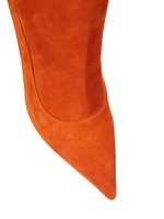 Женские замшевые рыжие ботфорты на шпильке со стразами