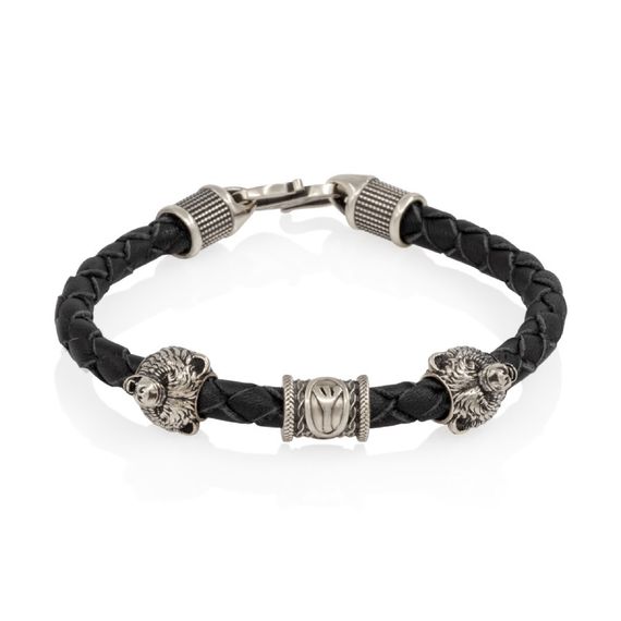 Браслет гайтан черный 5 мм с руной Альгиз и двумя шармами Медведь Мельхиор, фото 1