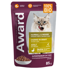 Award Hairball & Indoor для выведения шерсти у взрослых кошек кусочки в соусе с уткой 85гр