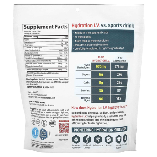 Trace, TM Sport, Hydration IV, электролитные напитки в пакетиках, клубника и кокос, 16 пакетиков по 16 г (0,56 унции)