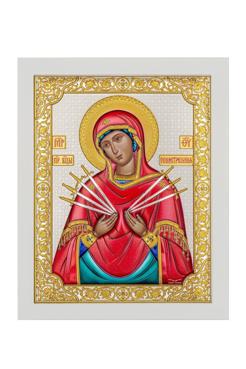 Семистрельная БМ, икона прямоугольная с рамкой, белое дерево, эмаль 210х260