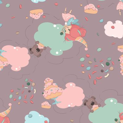 Детский паттерн Веселая фея и Забавный мишка с тортом