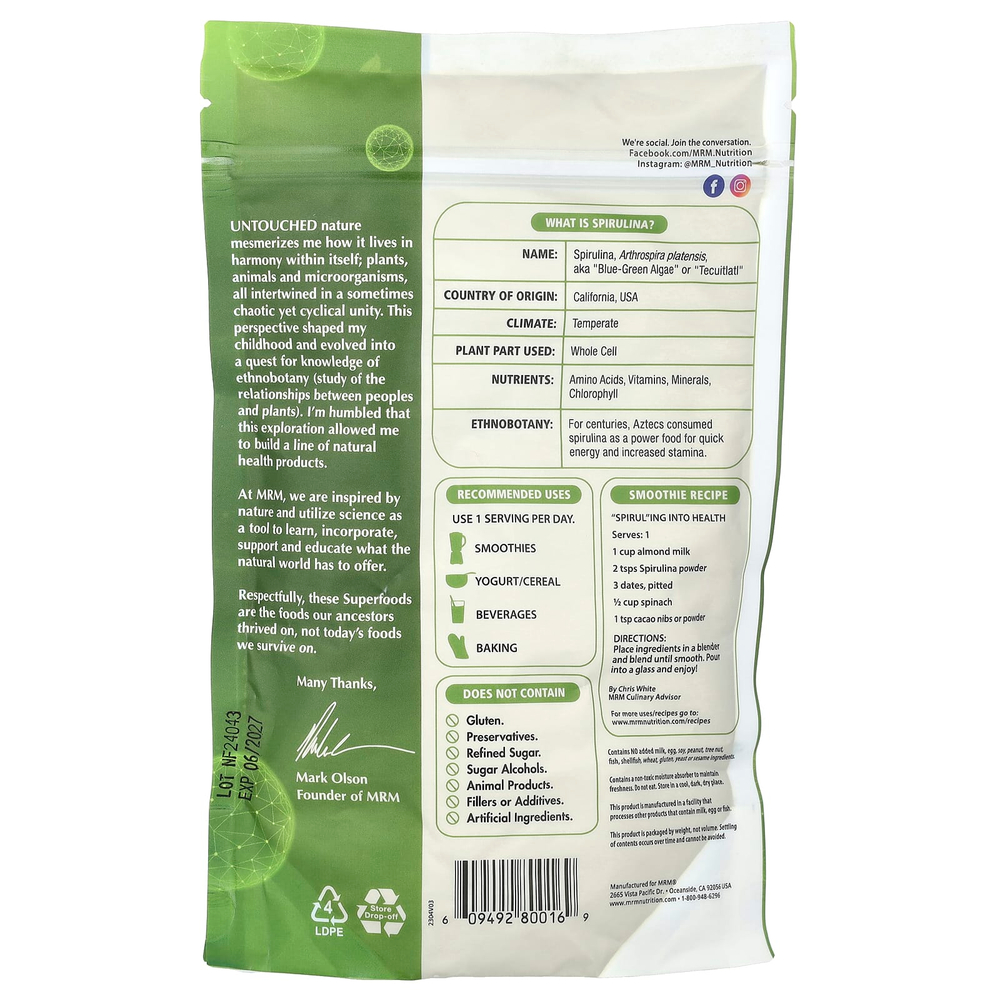 MRM Nutrition, Порошок необработанной спирулины, 240 г (8,5 унции)