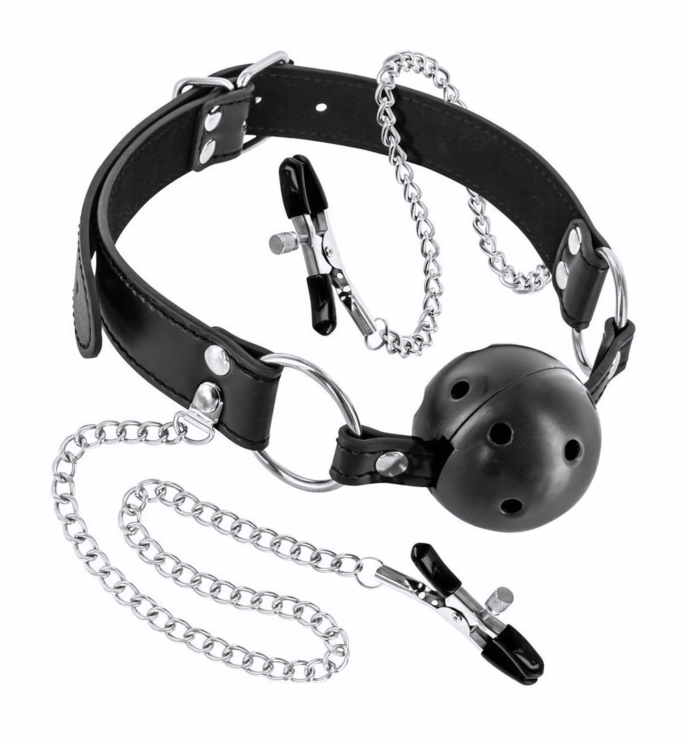 Жесткий шар-кляп с зажимами для сосков (Цвет: черный)