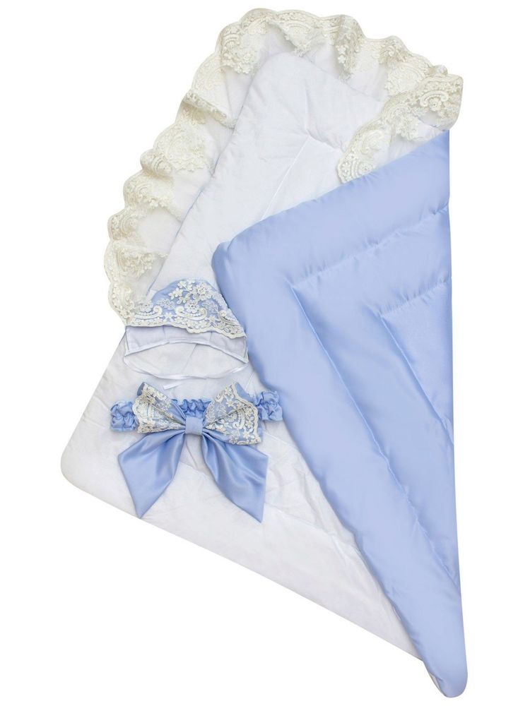 Зимний конверт-одеяло на выписку &quot;Венеция&quot; (голубой с белым кружевом) без пледа