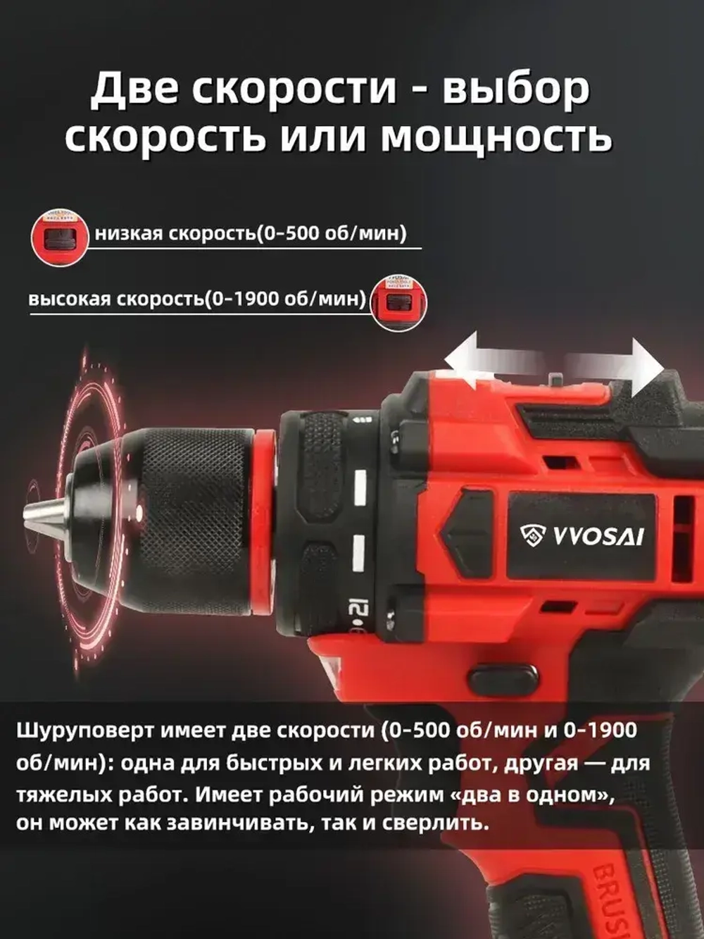 Дрель-шуруповерт аккумуляторная VVOSAI WS-9020-C2-SXP, 20В 50Нм, 2xLi-ion, ЗУ