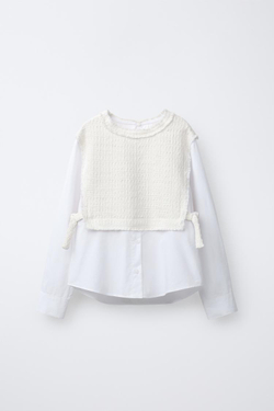 ZARA ОДНОТОННАЯ РУБАШКА С КОНТРАСТНЫМ ЖИЛЕТОМ И БАНТАМИ, ЭКРЮ