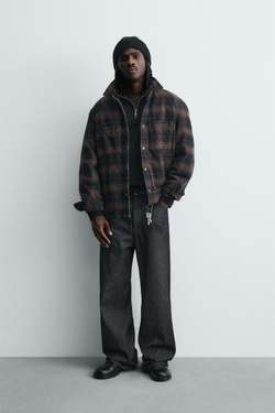 ZARA СТЕГАНАЯ КУРТКА-РУБАШКА В КЛЕТКУ, КОРИЧНЕВЫЙ