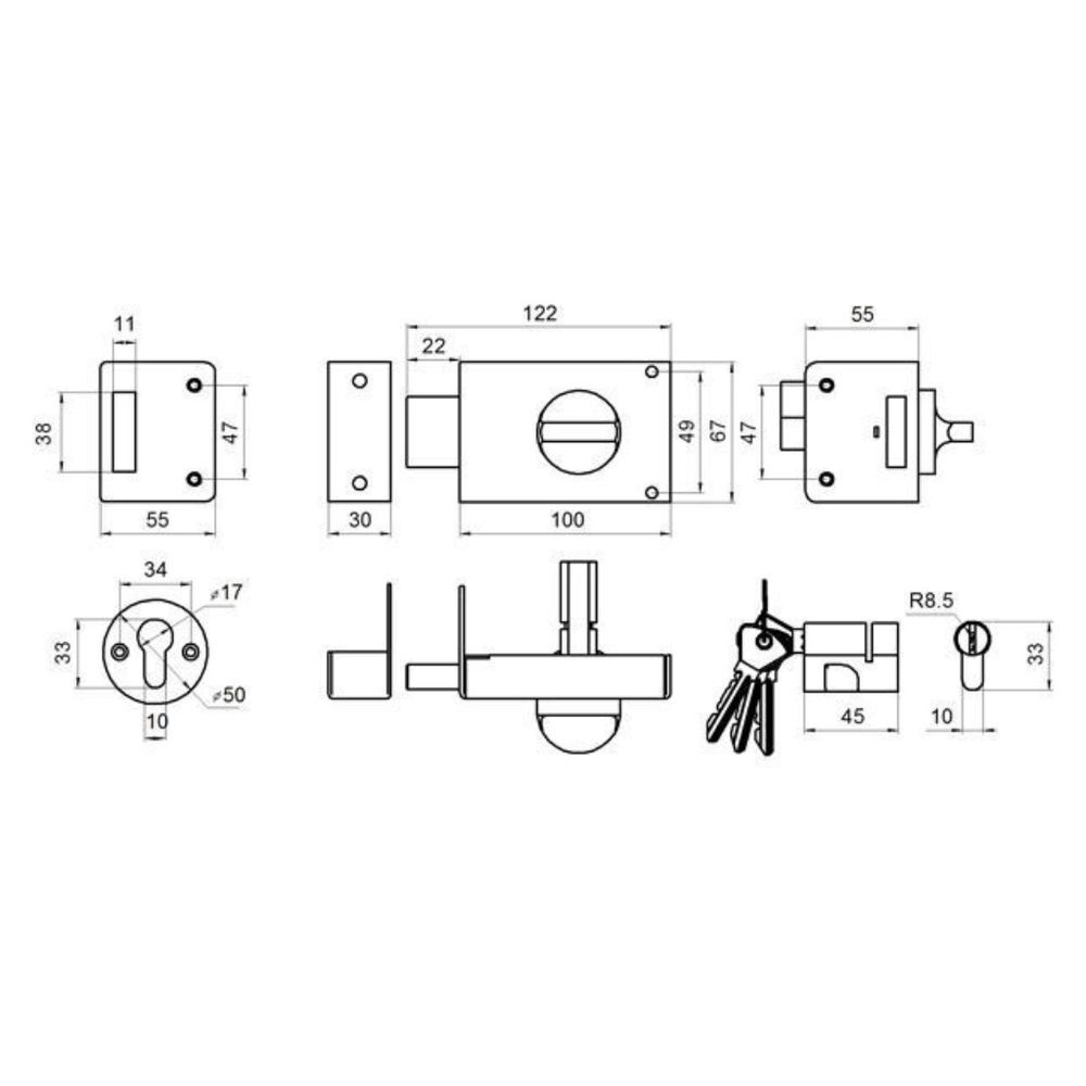 Замок накладной дверной, Омега, 3Н1, 00-00000619, бронза