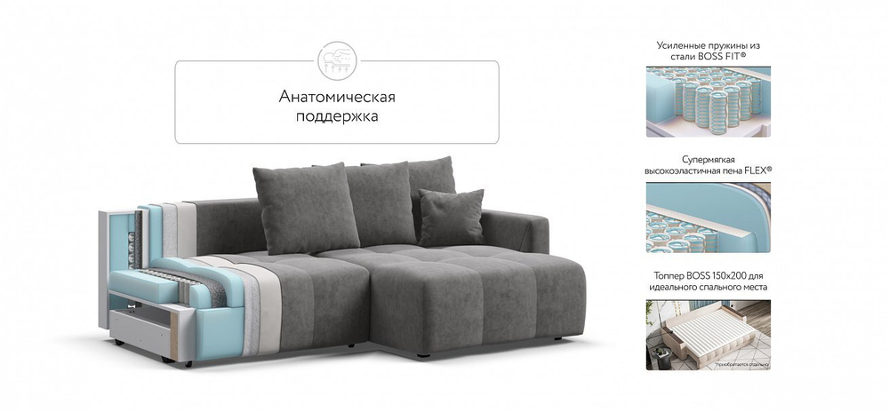 Угловой диван BOSS TREND Велюр Royal стоун