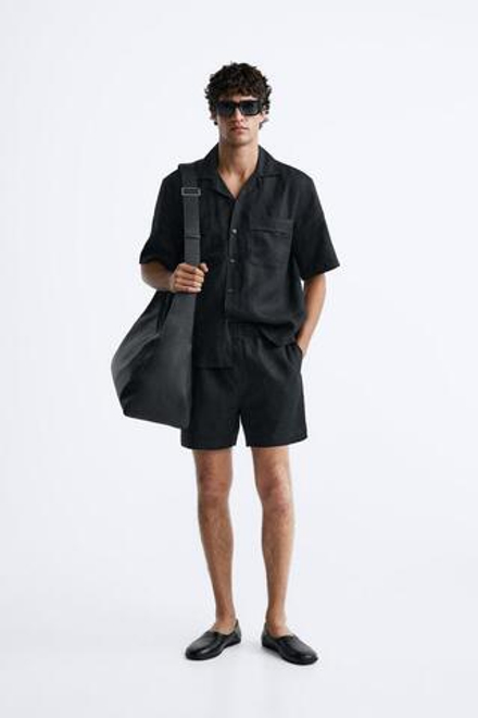 ZARA ШОРТЫ ИЗ 100% ЛЬНА,  ЧЕРНЫЙ