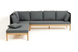 "Каталония" диван модульный плетеный из роупа, основание дуб, роуп темно-серый круглый, ткань темно-серая 027