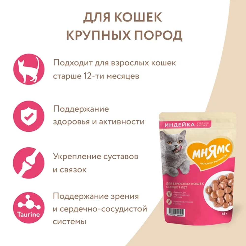 Мнямс для кошек ИНДЕЙКА КУСОЧКИ в СОУСЕ 85г