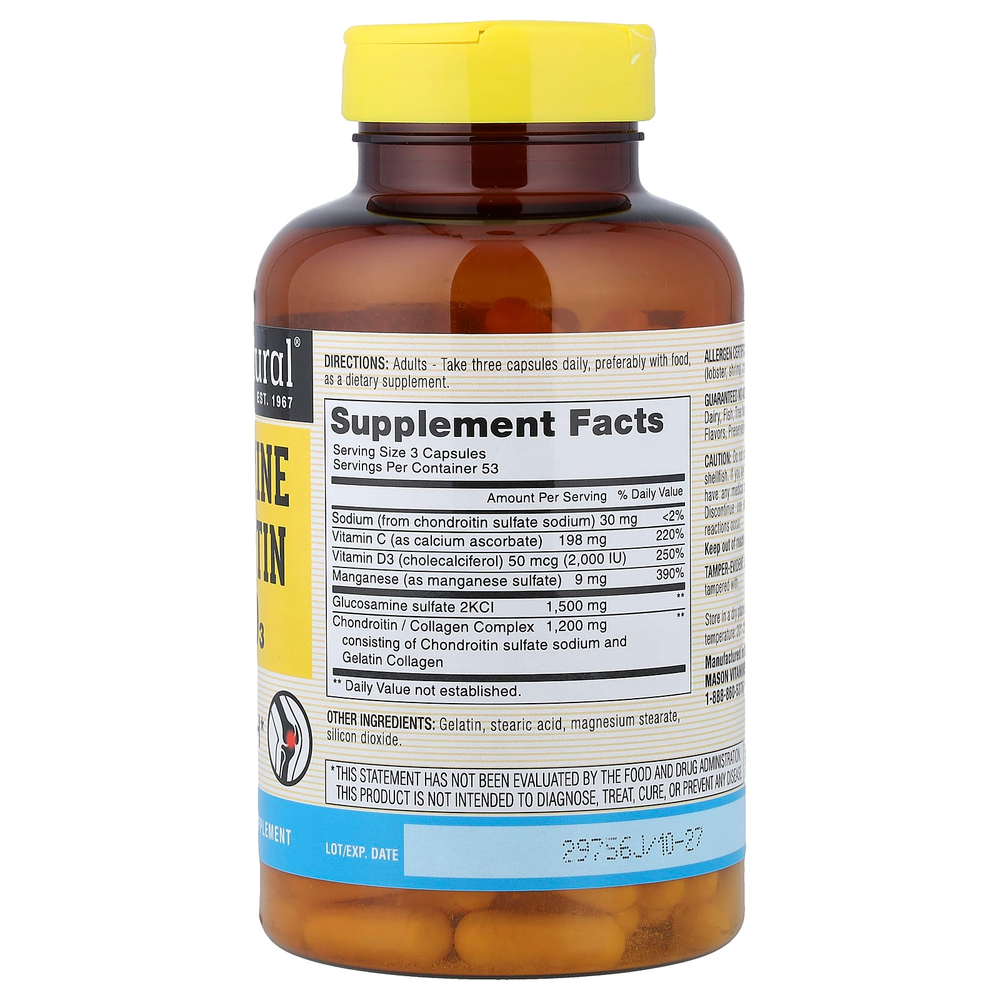 Mason Natural, глюкозамин, хондроитин и витамин D3, 160 капсул