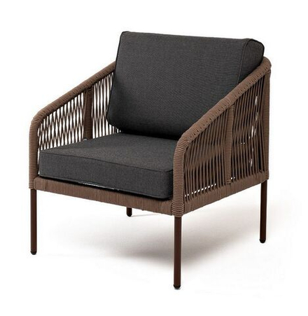 "Канны" кресло плетеное из роупа, каркас алюминий коричневый (RAL8016) муар, роуп коричневый круглый, ткань темно-серая