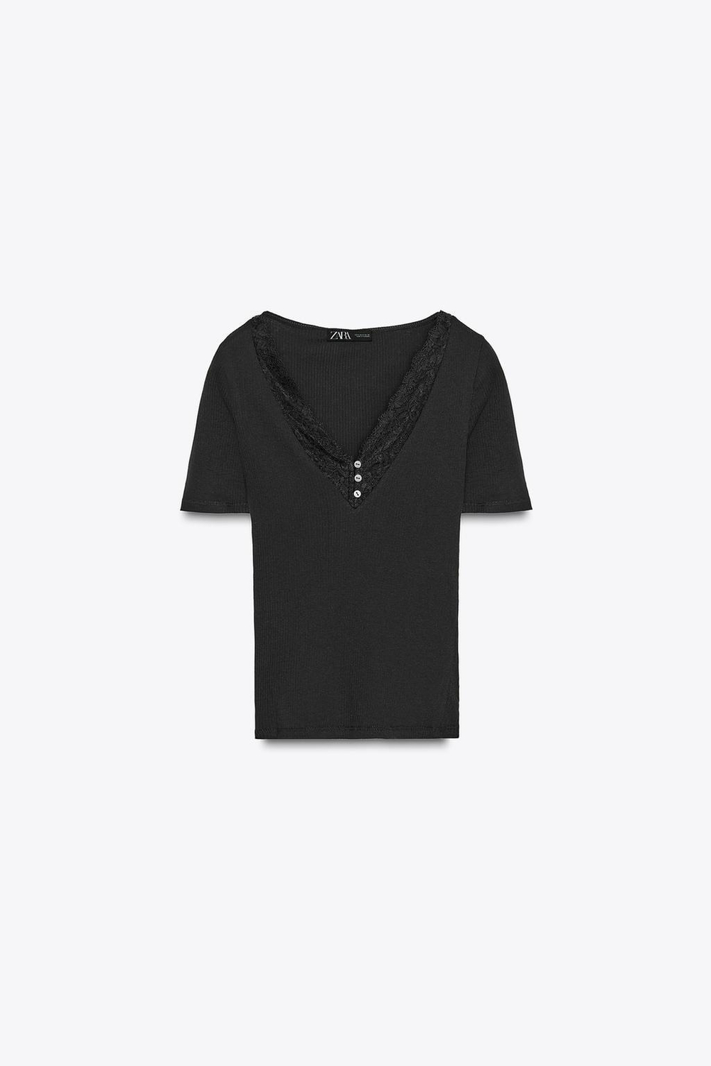 ZARA ФУТБОЛКА В РУБЧИК С КРУЖЕВОМ, ЧЕРНЫЙ