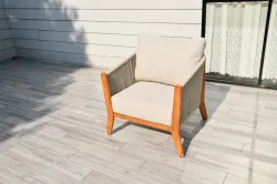 "Сидней" кресло плетеное из роупа, основание тик, каркас алюминий бежевый, роуп бежевый, ткань бежевая