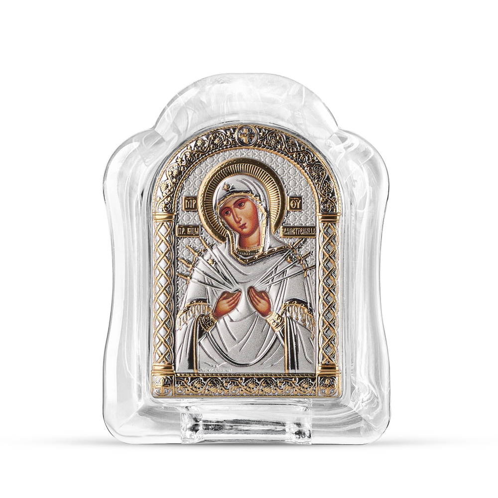 Семистрельная БМ, икона арочная, белое муранское стекло 65х85